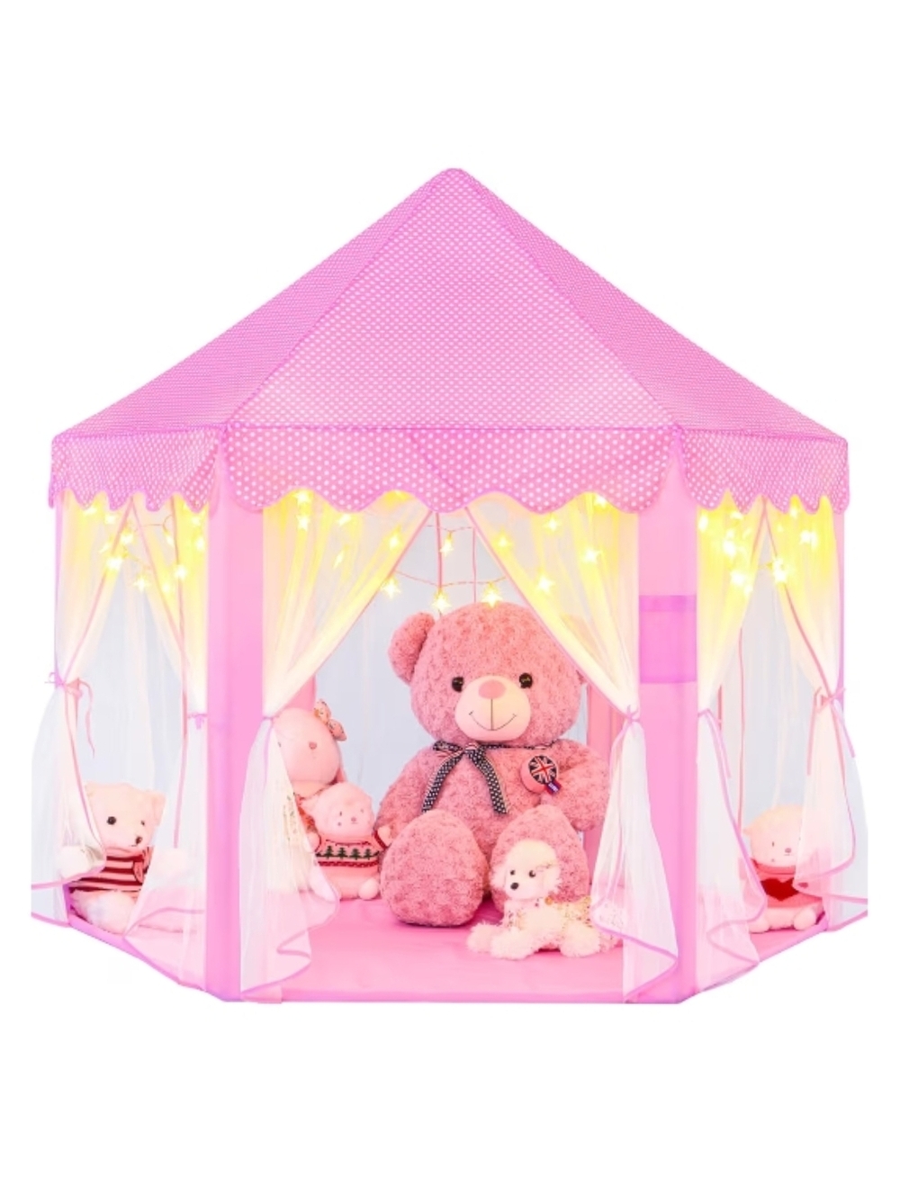 NWT Pink Polka Dot Princess Tent Kids Play Tent With LED Star Lights Playhouse